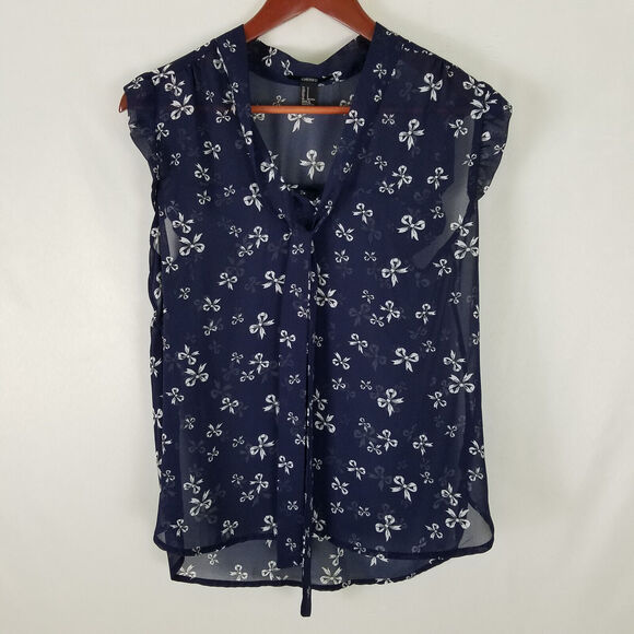 Forever 21 Shirt Womens Small‎ Blue Top Sheer Bow Print Sleeveless V Strap Neck - Picture 1 of 8